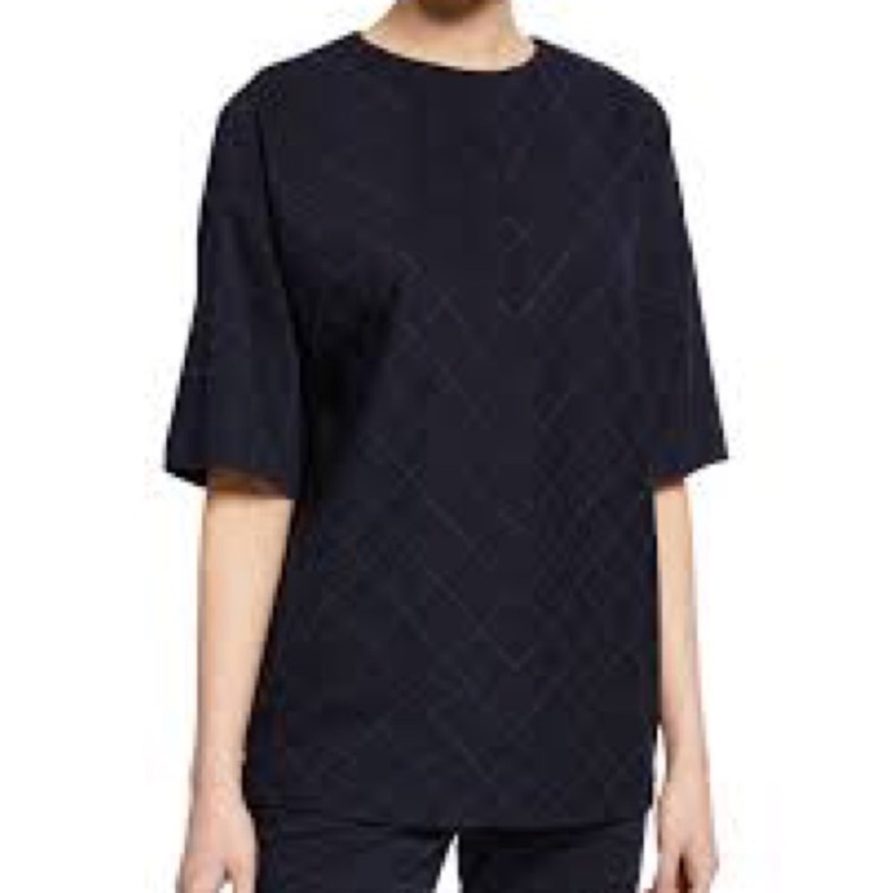 St John Navy Blue Tan Windowpane‎ Plaid Double-face Jersey Top Blouse L